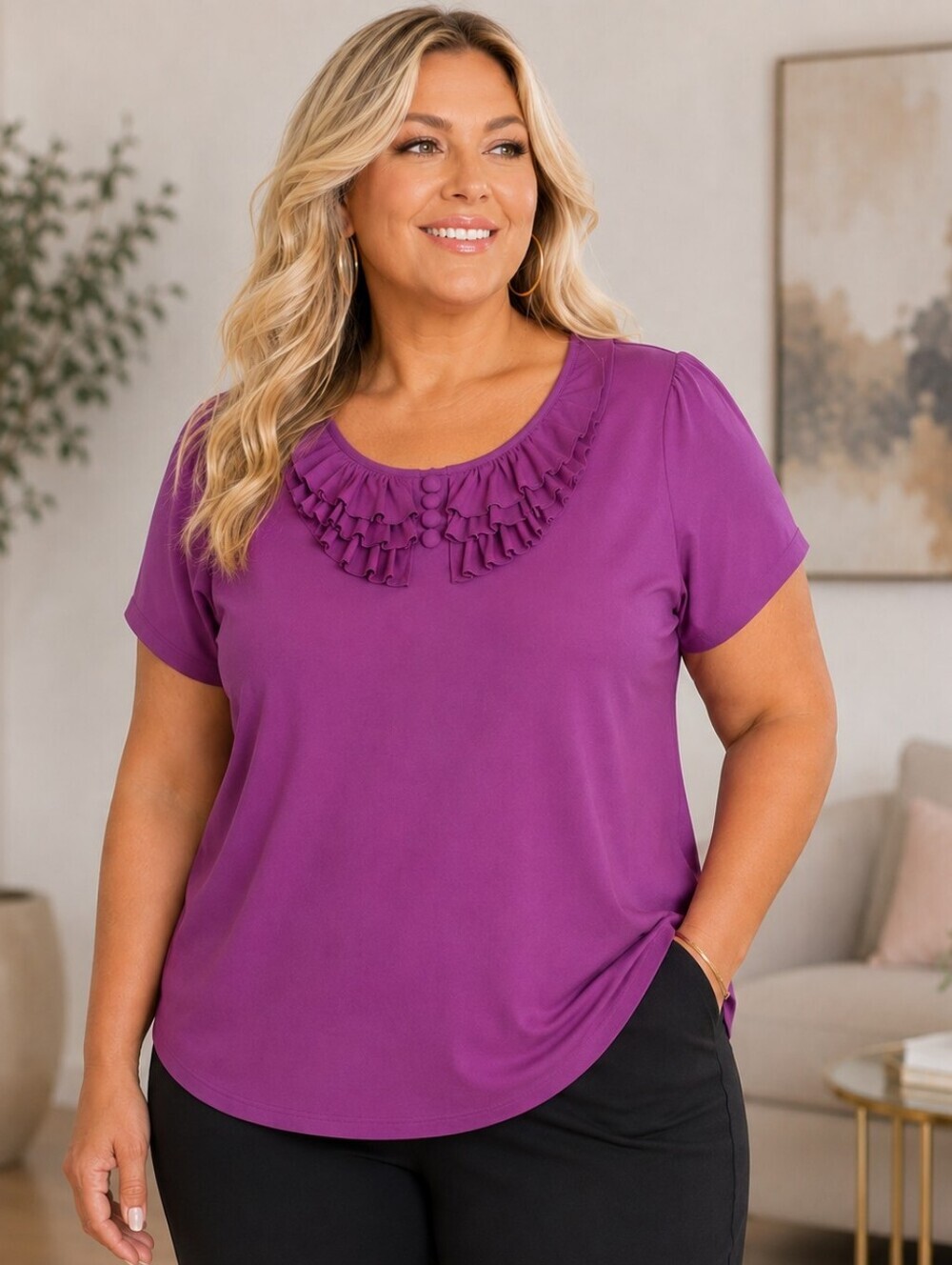 Lane Bryant Purple Short Sleeve Ruffled Front Top